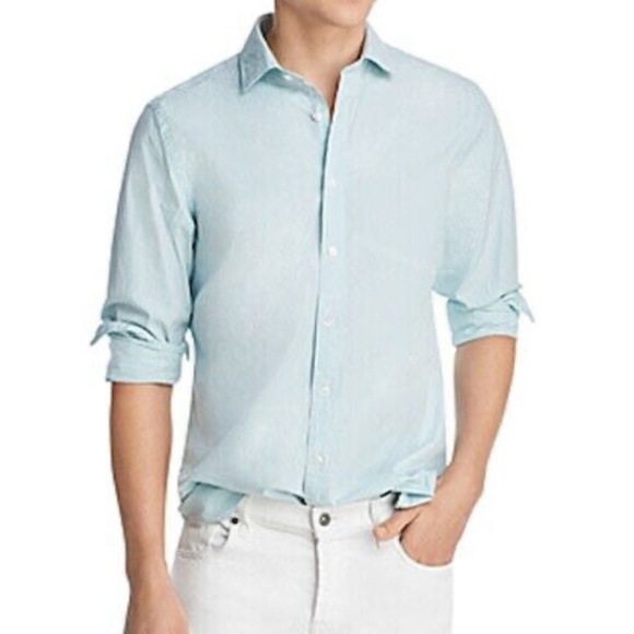 Bloomingdale's Mens Sz Medium Button Front Shirt Green White Micro Gingham Check - Picture 1 of 5